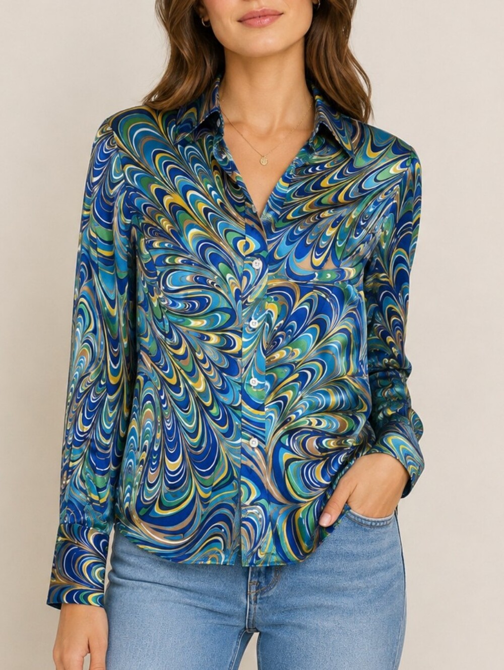 Vtg Tommy Hilfiger Silk Psychedelic Marbled Button Up Blouse Top Women Size 2 Sm